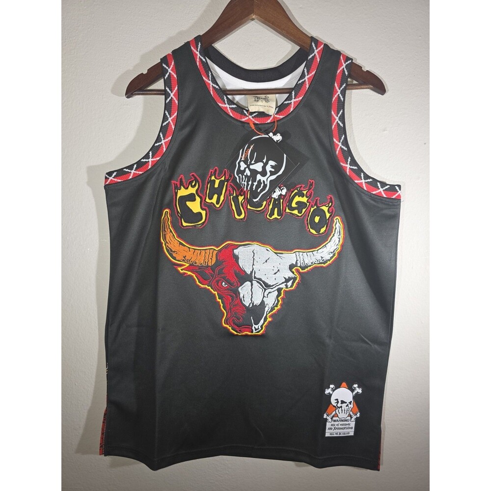 BRAND X CHICAGO BULLS IN FLAMES Michael jordan BASKETBALL JERSEY (BLACK) SZ S